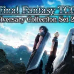 Final Fantasy TCG Anniversary Collection Set 2024 box art showing Zack, Cloud, and Sephiroth standing together against a dramatic blue sky background