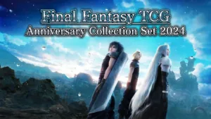 Final Fantasy TCG Anniversary Collection Set 2024 box art showing Zack, Cloud, and Sephiroth standing together against a dramatic blue sky background