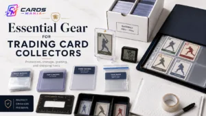 Cards Mania guide cover featuring penny sleeves, top loaders, semi-rigid holders, team bags, a card binder, storage box, centering tool, hygrometer, sorting tray, and shipping supplies.