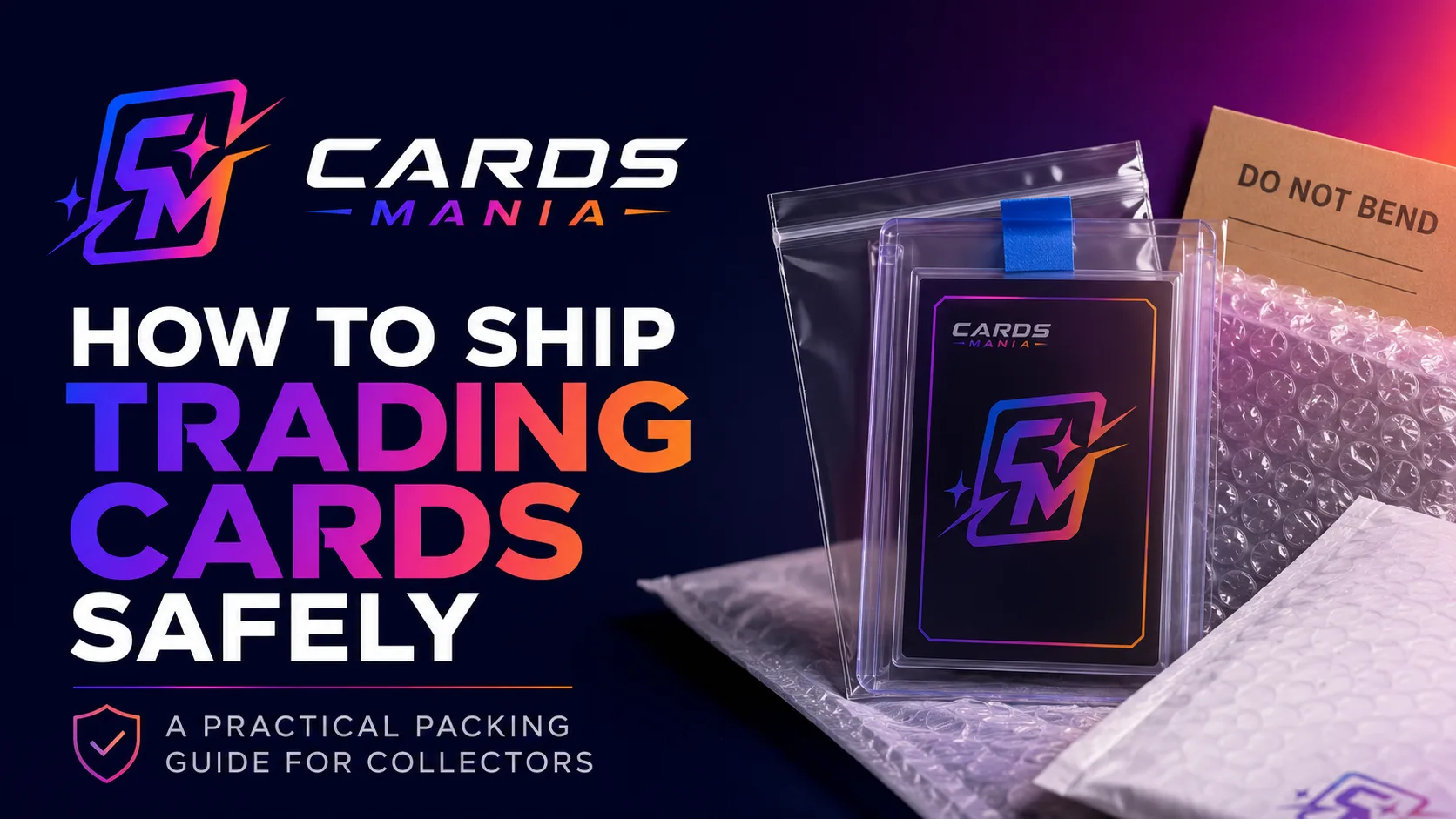 Cards Mania cover image showing trading cards being safely packed for shipping with protective supplies like sleeves, toploaders and mailers.