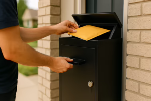 Small cardboard delivery box sitting unattended on a residential doorstep with no one home