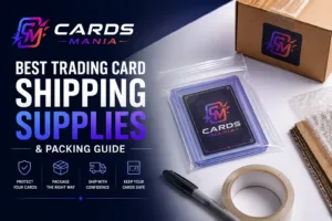 Cards Mania trading card shipping guide cover featuring a protected card in a toploader and resealable bag, shipping box, bubble wrap, cardboard inserts and packing tape.