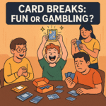 Cartoon illustration of collectors at a card break table, one cheering with a rare card and another looking disappointed