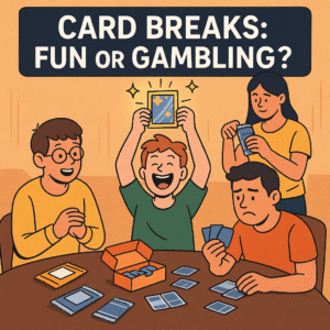 Cartoon illustration of collectors at a card break table, one cheering with a rare card and another looking disappointed
