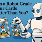 Illustration of a robot holding a baseball trading card and comparing it with another one already graded in a transparent case labeled “GRADE 9.” The image symbolizes the use of artificial intelligence in the card grading process.