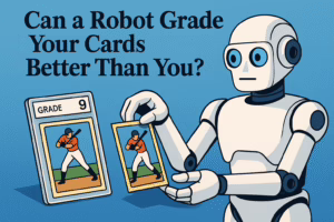 Illustration of a robot holding a baseball trading card and comparing it with another one already graded in a transparent case labeled “GRADE 9.” The image symbolizes the use of artificial intelligence in the card grading process.