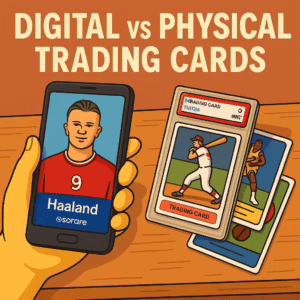 A 2D digital illustration showing a stylized scene comparing digital and physical trading cards. A hybrid cartoon–realistic hand holds a modern smartphone displaying a glowing digital trading card with a generic football player. Beneath the phone, several physical trading cards are spread out on a wooden table. The artwork blends modern shading with subtle cartoon influences. At the top of the image, the title “Digital vs Physical Trading Cards” appears in bold text.