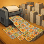 llustration of an industrial printer producing large quantities of generic trading cards, with stacks of printed cards piling up next to the machine, symbolizing mass production in the trading card industry.