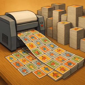 llustration of an industrial printer producing large quantities of generic trading cards, with stacks of printed cards piling up next to the machine, symbolizing mass production in the trading card industry.