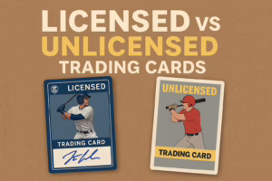 Graphic showing the difference between licensed and unlicensed trading cards, featuring two stylized baseball cards side by side.
