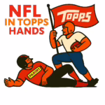 Graphic depicting Topps taking over the NFL trading card license, with a Topps player holding a flag and a Panini‑labeled player on the ground.