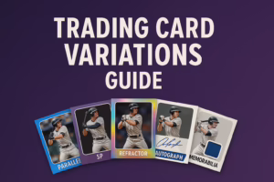 Trading card variations guide cover with illustrated examples of parallels, SP cards, refractors, autographs, and memorabilia inserts.