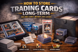 Trading card storage setup showing sleeved cards, graded cards, storage boxes, silica gel packs, and protective holders illustrating long-term card preservation.
