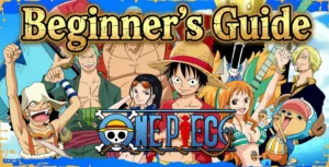 One Piece anime characters including Luffy, Zoro, Nami, Robin, Sanji and the Straw Hat crew with the One Piece logo, Begginer`s Guide on the top