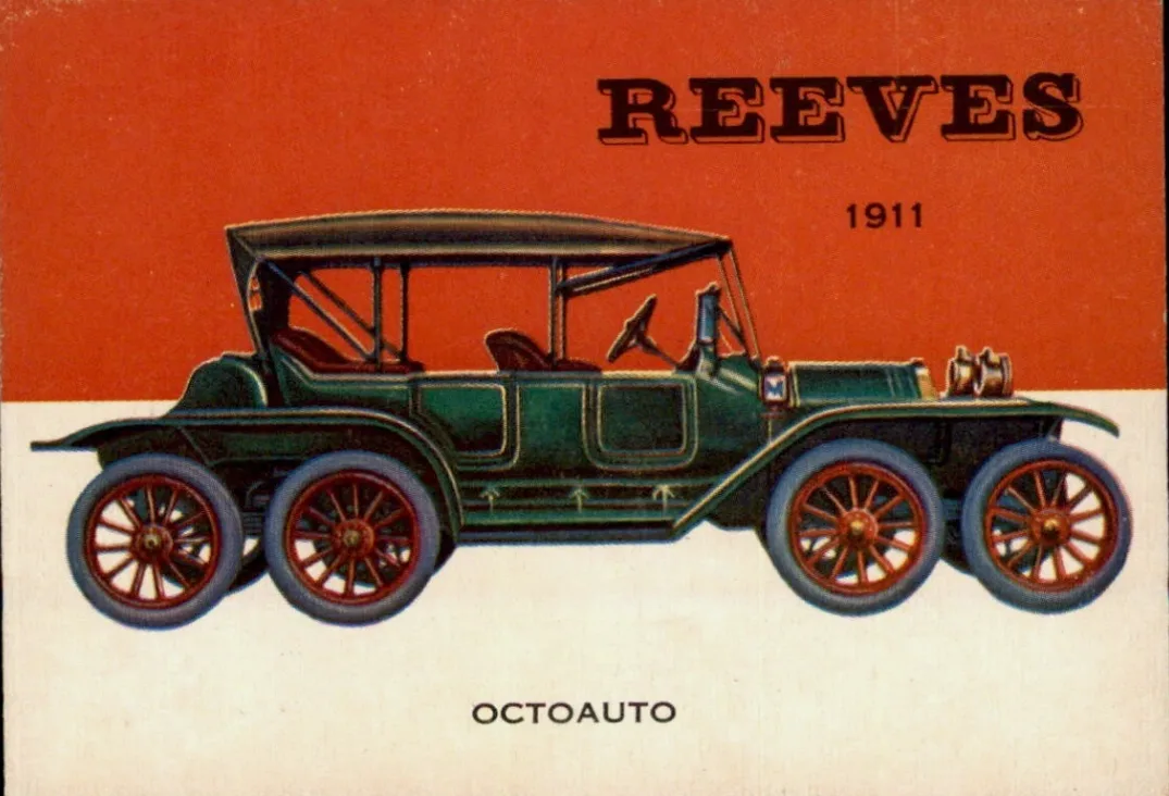 1954 Topps World on Wheels card number 135 featuring the 1911 Reeves Octoauto eight-wheeled automobile illustrated in color