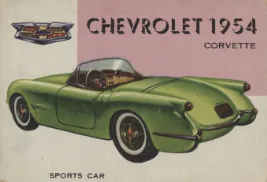 1954 Topps World on Wheels card showing colorized illustration of a 1954 Chevrolet Corvette, red card back
