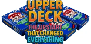 Illustration of stacked 1989 Upper Deck baseball card collector boxes used as the featured image for a CardsMania.fun blog post about the history of Upper Deck trading cards.