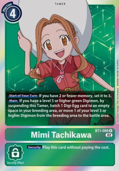 Mimi Tachikawa Tamer card BT1-089 from Digimon Card Game Base Set, green Tamer card with play cost 4 and Security Effect