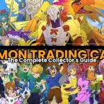 Digimon Adventure cast featuring the DigiDestined kids and their partner Digimon, with the title Digimon Trading Cards: The Complete Collector's Guide overlaid