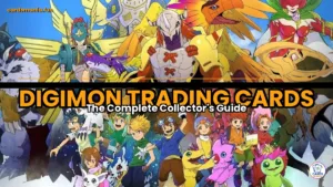 Digimon Adventure cast featuring the DigiDestined kids and their partner Digimon, with the title Digimon Trading Cards: The Complete Collector's Guide overlaid