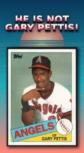 1985 Topps baseball card #497 showing a young player in a California Angels uniform, pointing toward the camera, with the card caption "Angels – Gary Pettis" at the bottom. The card is set against a retro 1980s synthwave background with a teal-to-coral gradient sky and a sliced sun. Large overlaid text above the card reads "He is not Gary Pettis!" — a nod to the famous printing error in which the pictured player is widely believed to be Gary's younger brother rather than Gary himself.