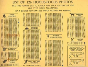 venice-studio-8c12cdc1-3fba-47f6-8970-c92bac6f6c4b » Cards Mania Vintage checklist of 126 Hocus Focus cards with album
