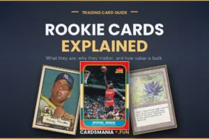 Rookie cards explained: 1952 Topps Mickey Mantle, 1986 Fleer Michael Jordan, and Alpha Black Lotus on a Cards Mania cover.