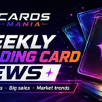 Cards Mania Weekly News » Cards Mania Banner for Cards Mania: weekly trading card news with neon graphics and stacked trading cards on the right, highlighting hot releases, big sales, and market trends.