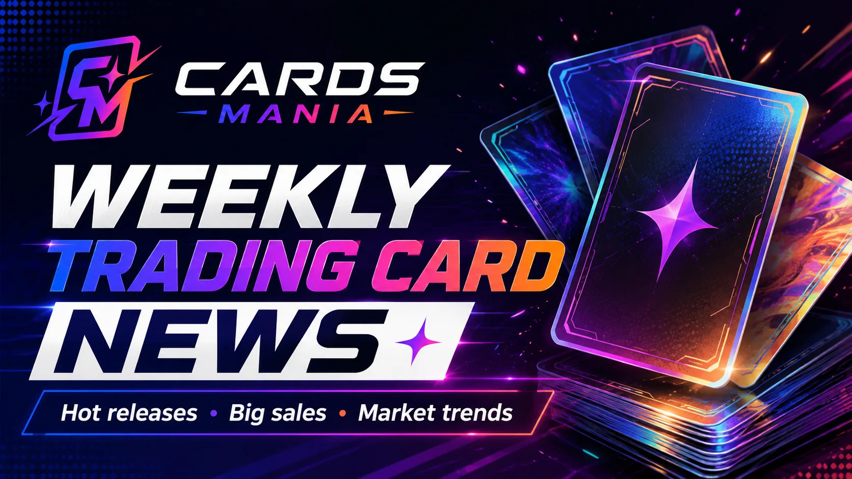 Cards Mania Weekly News » Cards Mania Banner for Cards Mania: weekly trading card news with neon graphics and stacked trading cards on the right, highlighting hot releases, big sales, and market trends.