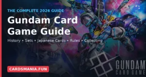 Hero banner for Gundam Card Game Guide with large white title over colorful Gundam mecha artwork and neon background, including a CardsMania badge.