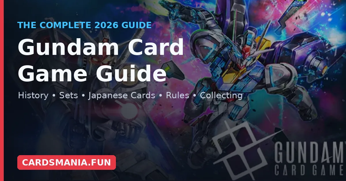 Gundam-Guide-Cover-Blog-1200x630 » Cards Mania Hero banner for Gundam Card Game Guide with large white title over colorful Gundam mecha artwork and neon background, including a CardsMania badge.