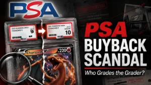 Investigative-style cover image for an article about the PSA buyback scandal, showing a PSA logo, a graded trading card slab changing from grade 9 to 10, a magnifying glass, and the headline “PSA Buyback Scandal: Who Grades the Grader?