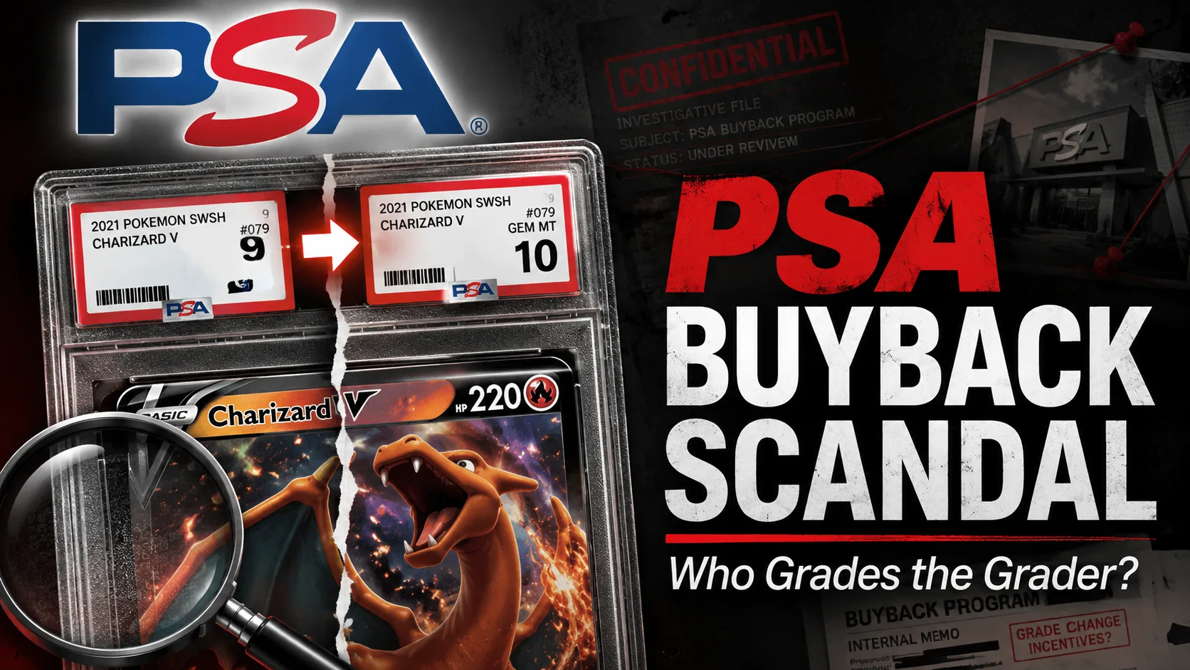 PSA Buyback scandal » Cards Mania Investigative-style cover image for an article about the PSA buyback scandal, showing a PSA logo, a graded trading card slab changing from grade 9 to 10, a magnifying glass, and the headline “PSA Buyback Scandal: Who Grades the Grader?