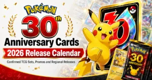 Pokémon 30th anniversary cards 2026 release calendar cover featuring the official anniversary logo, Cards Mania logo, Pikachu, trading cards, confetti and release calendar text.
