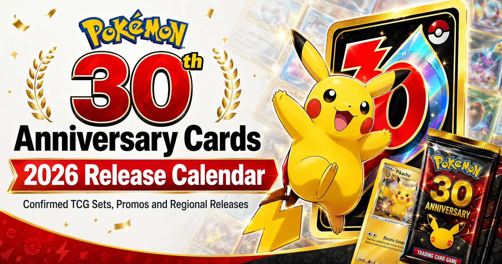 Pokémon 30th anniversary cards 2026 release calendar cover featuring the official anniversary logo, Cards Mania logo, Pikachu, trading cards, confetti and release calendar text.