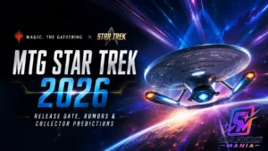 Custom editorial cover image for a Cards Mania article about MTG Star Trek 2026, showing a futuristic starship flying through colorful deep space with the headline “MTG Star Trek 2026” and the subtitle “Release Date, Rumors & Collector Predictions.”