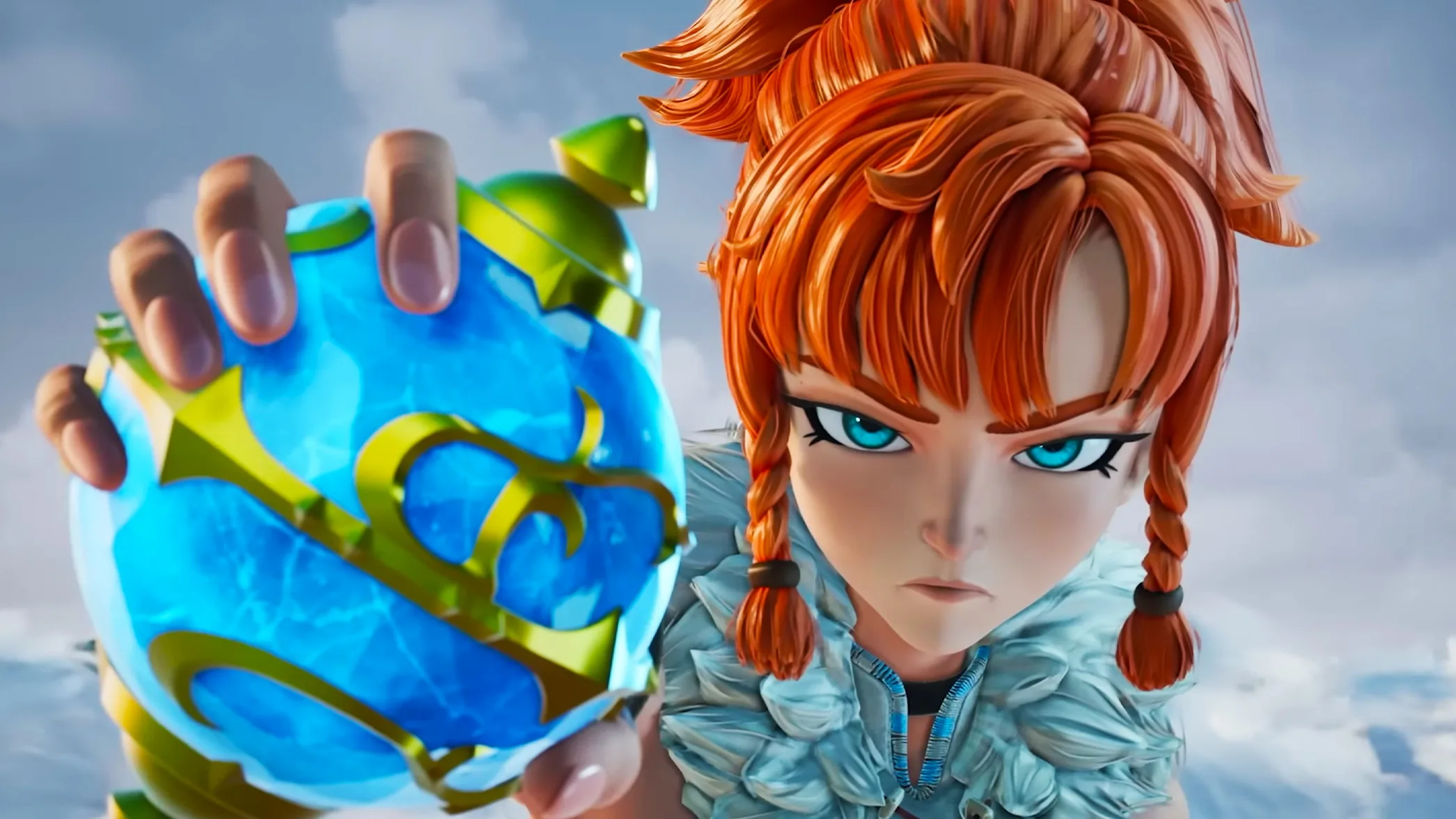 Red-haired Palworld character holding a glowing blue-and-gold sphere against a snowy mountain background.