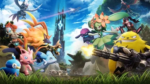 Palworld characters and Pals gathered in a bright fantasy landscape, with a yellow Pal firing a minigun in the foreground.