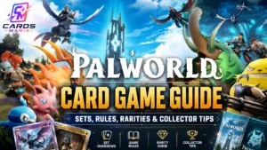 Palworld Card Game Guide cover featuring Palworld characters, the Cards Mania logo, and the headline “Sets, Rules, Rarities & Collector Tips.”