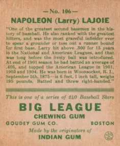 Back of Nap Lajoie #106 showing the 1933 Goudey-style design and card number 106