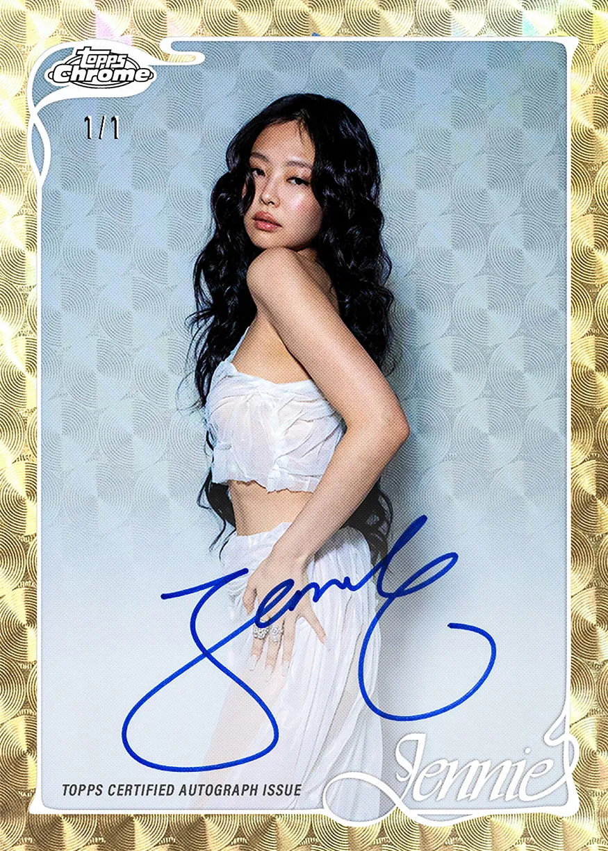 1/1 Topps Chrome x Jennie autograph card with blue on-card signature and gold patterned border