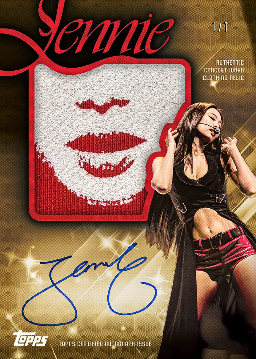 1/1 Topps Chrome x Jennie autograph-relic card with blue signature and concert-worn clothing swatch