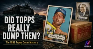 Mickey Mantle’s 1952 Topps card, a vintage Topps baseball case and Sy Berger beside a garbage scow on a stormy Atlantic Ocean.