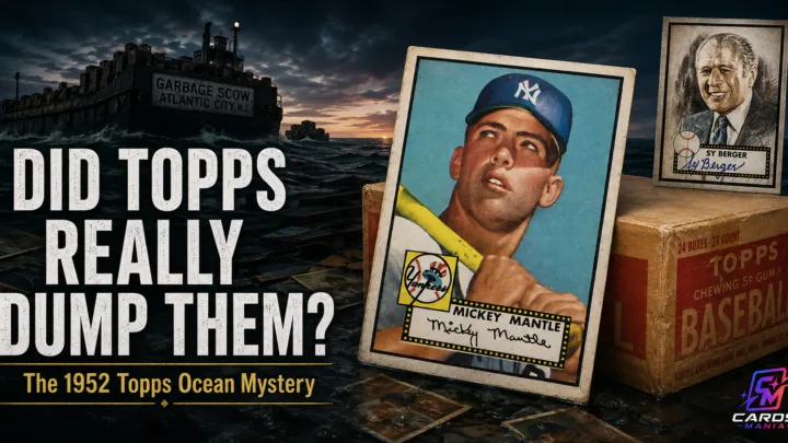 Mickey Mantle’s 1952 Topps card, a vintage Topps baseball case and Sy Berger beside a garbage scow on a stormy Atlantic Ocean.