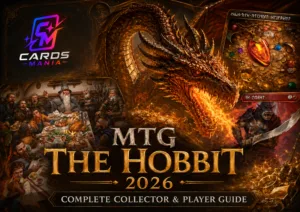 Fantasy cover art for an MTG The Hobbit 2026 guide, featuring a fire-breathing dragon over a treasure hoard, a Hobbit feast scene, card-inspired panels, and the Cards Mania logo.
