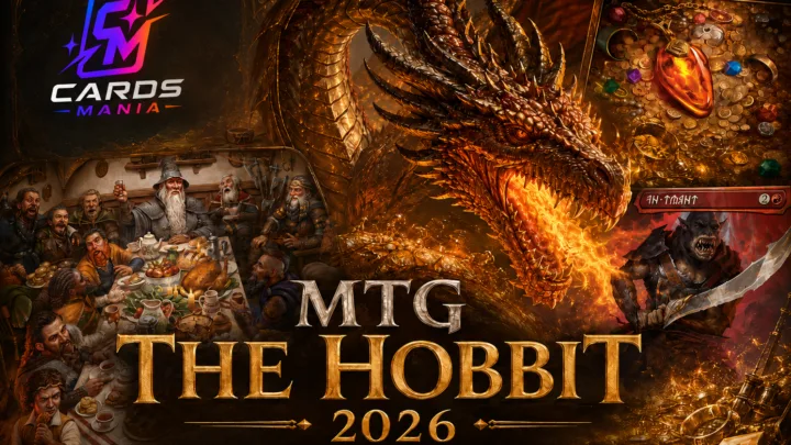 Fantasy cover art for an MTG The Hobbit 2026 guide, featuring a fire-breathing dragon over a treasure hoard, a Hobbit feast scene, card-inspired panels, and the Cards Mania logo.