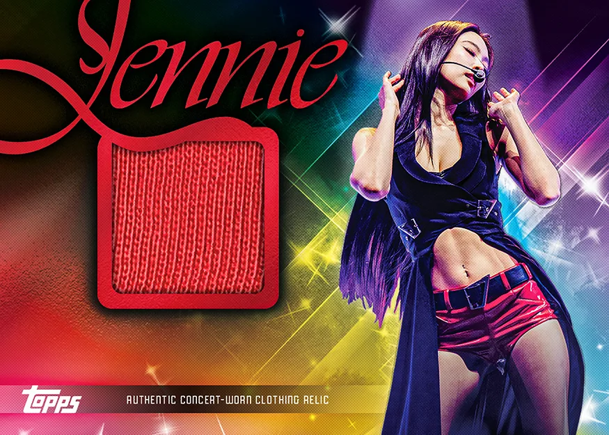Topps Chrome x Jennie concert relic card with red fabric swatch from authentic concert-worn clothing