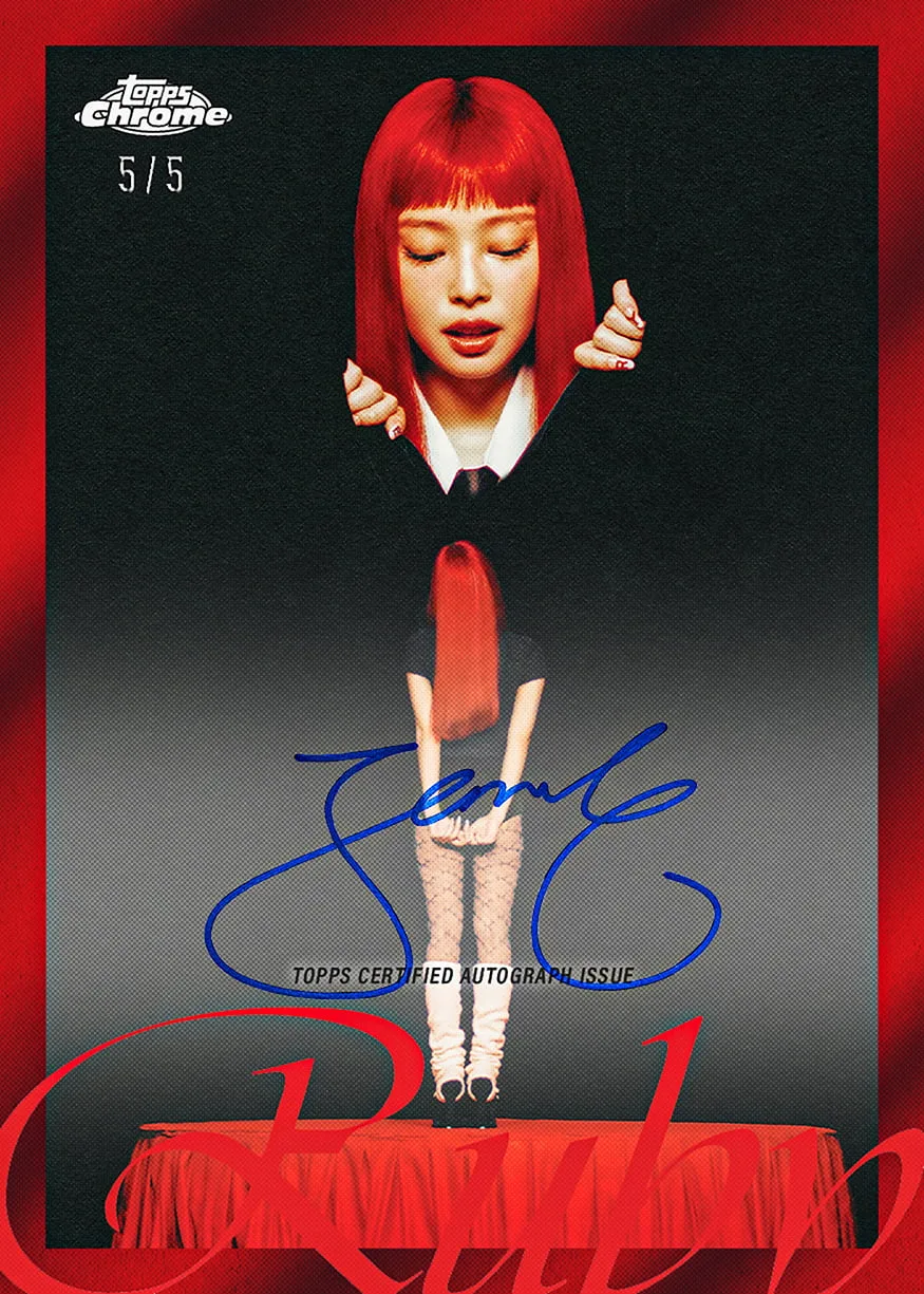 Topps Chrome x Jennie Ruby SSP autograph card numbered 5/5 with blue signature and red parallel design