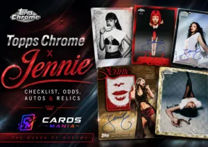 2026 Topps Chrome x Jennie trading cards featuring autograph, relic, Ruby and numbered Chrome chase cards with Cards Mania branding