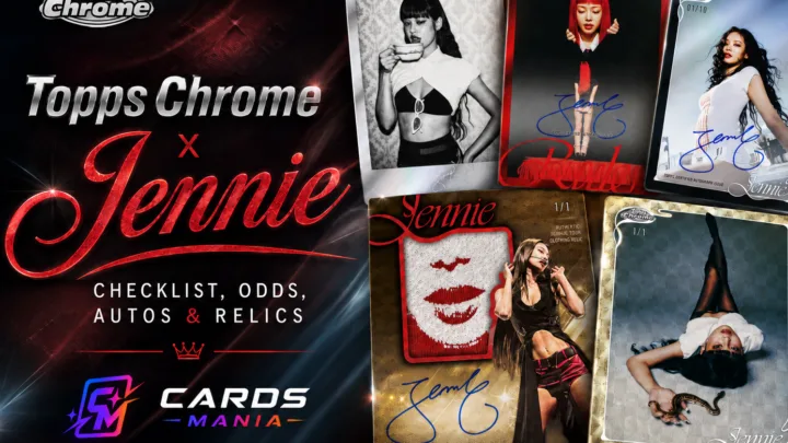 2026 Topps Chrome x Jennie trading cards featuring autograph, relic, Ruby and numbered Chrome chase cards with Cards Mania branding